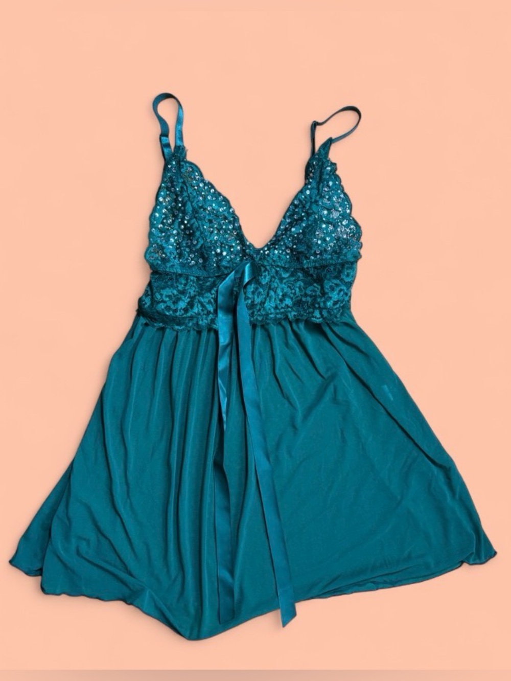 Lace & Sequin Green Babydoll Lingerie Dress with Satin Tie